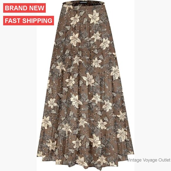 Chiffon Maxi Skirt High Waist Elastic Tiered Pleated A-Line Boho Flowy